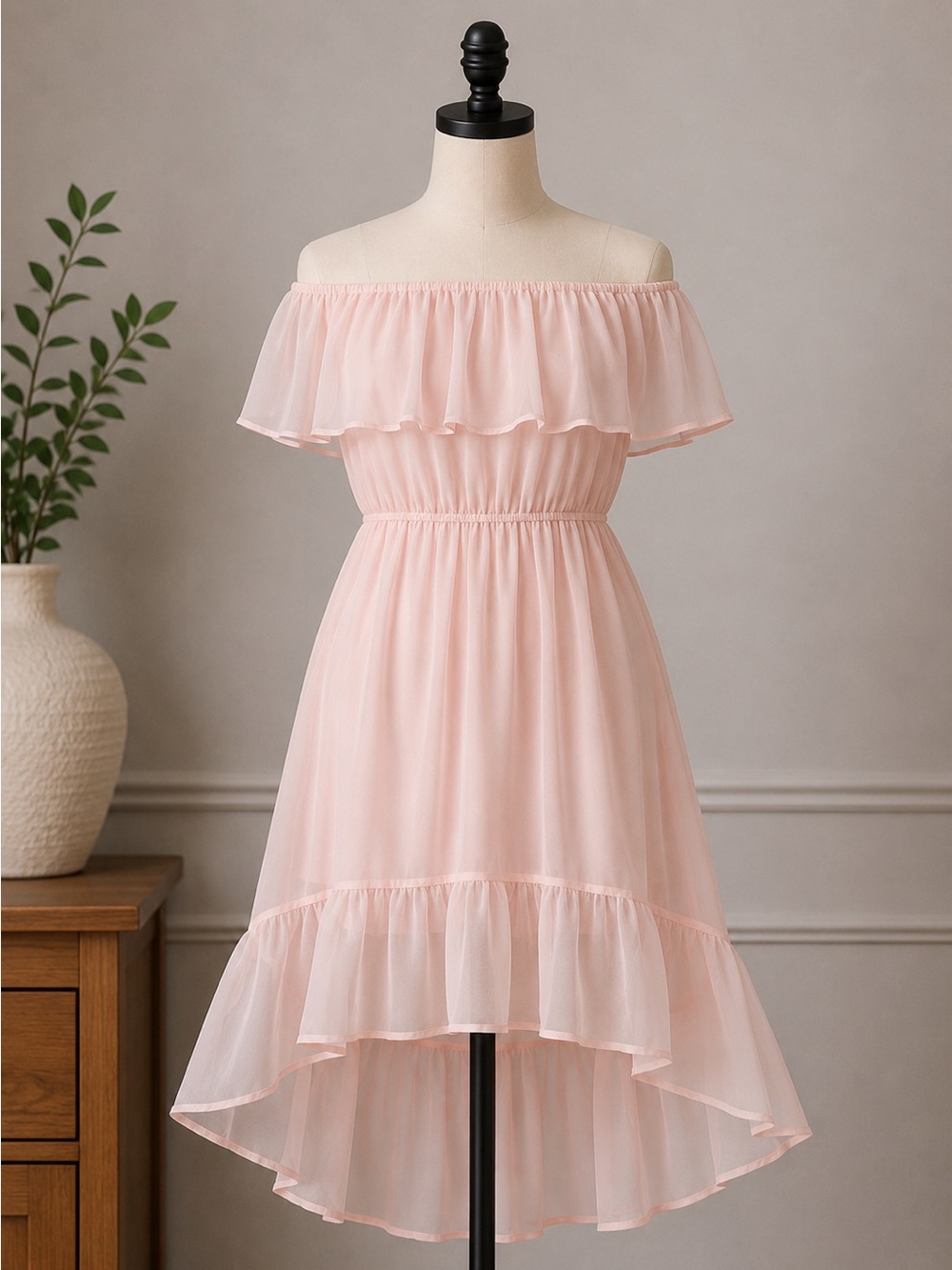 Andree by Unit Light Pink Ruffle Off-Shoulder High-Low Dress with Sheer Overlay